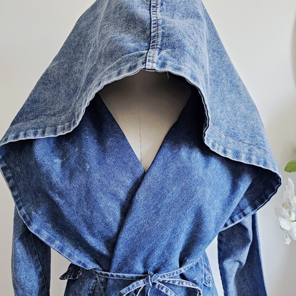 90s Madein Dark Wash Denim Avant Garde Dramatic Shawl Collar Hooded Wrap Jacket - Picture 13 of 16